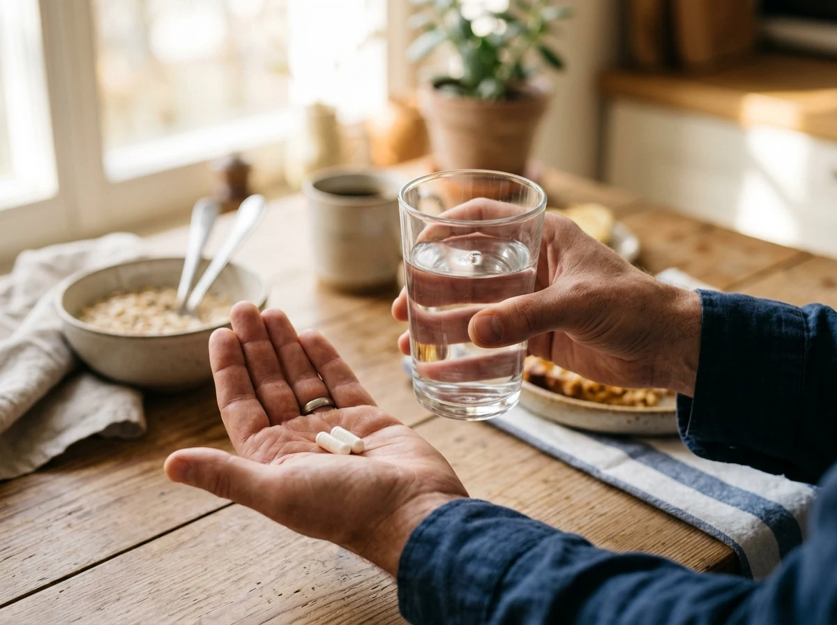 Händer håller ett glas vatten med kosttillskottskapslar på ett träbord